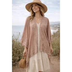 Natural Life Kimono Womens OSFM Boho Embroidered Sheer Floral Open Front Beach